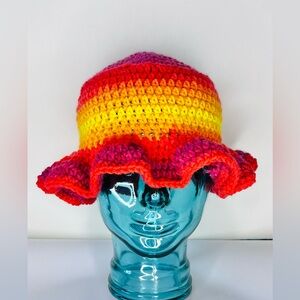 Bohemian ruffled brim colorful bucket crochet hat